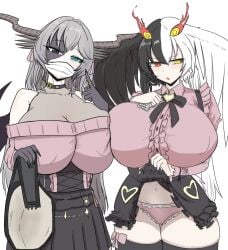 2girls alternate_costume bare_shoulders black_bow black_bowtie black_bra black_choker black_corset black_dress black_eyes black_hair black_skirt black_souls black_souls_2 black_thighhighs blue_eyes bow bowtie bra breasts choker cleavage clothes_lift clothing_cutout corset covered_erect_nipples covered_mouth cowboy_shot dragon_girl dragon_horns dress dress_lift evita36431196 female frilled_dress frilled_panties frills gigantic_breasts glowing glowing_eyes grey_hair hair_between_eyes hair_wings heart heart_choker heart_print heterochromia holding holding_bra holding_phone holding_underwear holding_unworn_clothes horns jabberwock_(black_souls) jirai_kei jubjub_(black_souls) lifting_own_clothes long_hair looking_at_viewer mask mouth_mask multicolored_eyes multicolored_hair multiple_girls navel neck_ribbon nipple_bulge off-shoulder_sweater off_shoulder panties patchwork_skin phone pink_dress pink_panties pink_sweater red_eyes ribbon simple_background skirt skirt_lift split-color_hair stitched_face stitches sweater thighhighs two-tone_dress two-tone_hair underwear white_background white_hair yellow_eyes