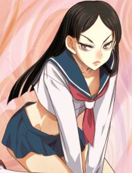 00s 1girls 2000s 2008 alternate_art_style angry_face black_hair downblouse female flat_chest frown haruyama_kazunori kitsu_chiri kneeling light-skinned_female light_skin lips long_hair looking_at_viewer midriff nipple_slip nipples parted_bangs sayonara_zetsubou_sensei seifuku serafuku solo source_not_archived source_request thin_eyebrows