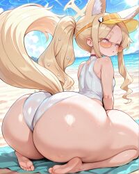 ai_generated ass ass_focus blonde_hair blue_archive blue_sky cloud day female from_behind gigantic_ass gorudengarurin huge_ass leaning_forward long_hair looking_at_viewer looking_back official_alternate_costume one-piece_swimsuit outdoors seia_(blue_archive) seia_(swimsuit)_(blue_archive) shortstack sitting sky solo sunglasses swimsuit thick_thighs thighs tinted_eyewear very_long_hair wedgie white_one-piece_swimsuit