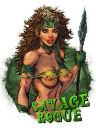 1girls ale_borgobello alternate_costume anna_marie breasts brown_hair character_name costume english english_text female female_only gloves green_eyes highres holding_weapon human large_breasts lipstick long_hair makeup marvel marvel_comics multicolored multicolored_hair mutant navel nipples polearm rogue_(x-men) savage_land silver_hair simple_background solo spear superheroine text torn_clothes two_tone_hair upper_body weapon white_background white_hair x-men