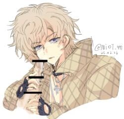 1boy after_handjob after_sex annoyed artist_signature blonde-haired_male blonde_hair bust_portrait censor_bar censored censored_penis chains checkered_jacket collar cum cum_drip cum_on_face fingerless_gloves gay gay_handjob gay_sex gloves handjob kamen_rider kamen_rider_ryuki_(series) male male_focus male_only messy_hair mosaic_censoring murderer orgasm orgasm_from_handjob purple_eyes sketch solo sweat sweatdrop takeshi_asakura tongue tongue_out yaoi
