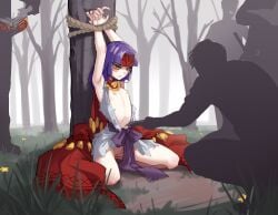 1girls 4boys absurdres angry armpits arms_up assisted_exposure bare_tree black_bow blush bondage book bound bound_arms bound_wrists bow captured captured_heroine cleft_of_venus commentary defeated defeated_heroine defiant english_commentary female female_focus fire_emblem fire_emblem:_path_of_radiance fire_emblem:_radiant_dawn flat_chest flat_chested grass highres holding holding_book imminent_gangrape imminent_rape light-skinned_female light_skin long_hair multiple_boys navel nintendo nipples open_book outdoors popopoka purple_hair pussy restrained rope sanaki_kirsch_altina shirt surrounded surrounded_by_men teenage_female teenage_girl teenager torn_clothes torn_shirt tree yellow_eyes