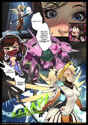 2girls anus asian ass bodysuit breasts brown_hair comic cum d.va dat_ass english_translation female german_text hizzacked long_hair meka mercy multiple_girls nipples overwatch rape robotic_tentacles sex smile tentacle text url vagina vaginal_penetration