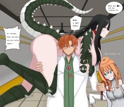 2girls angry angry_face bite_mark_on_neck blue_eyes breasts brown_hair carrying carrying_another carrying_character carrying_over_shoulder carrying_partner carrying_person claws collar eye_closed female green_clothing huge_breasts jack_bright jewelry large_breasts leash leash_and_collar long_hair looking_at_viewer mature_female meme meme_caption meme_reference monster_girl nah_id_win naked naked_female nude nude_female orange_hair red_eyes reptile_girl scales scar_on_chest scar_on_face scar_on_nose scp-682 scp-999 scp_foundation slee sleeves sleeves_past_fingers sleeves_past_wrists slime_girl smile tail teeth text text_box text_bubble yellow_eyes