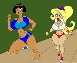 2girls 4_fingers aged_up arms_up bare_shoulders big_breasts bimbo black_eyes black_hair blonde_hair blue_eyes bob_cut bracelet brown_eyes brown_skin busty caglioro3666 cap cartoon_network cleavage coach curvy dark-skinned_female dark_skin detailed_background duo erect_nipple erect_nipples eris_(billy_and_mandy) eyeliner eyeshadow female female_only freckles front_view goddess hat hourglass_figure human leg_lift leg_up lipstick long_hair makeup mature mature_female midriff multiple_females multiple_girls nipple_bulge older open_mouth pandora_(tgaobam) red_lipstick referee running shoes short short_hair short_shorts shorts sneakers the_grim_adventures_of_billy_and_mandy thick_thighs toned_female very_long_hair voluptuous wasp_waist whistle wide_hips yellow_hair yuri