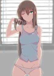 1girls ass_visible_through_thighs average_breasts blurred_background blurry_background breasts brown-haired_female brown_eyebrows brown_hair camisole collarbone eye_closed eyebrows_visible_through_hair female female_only green-eyed_female green_eyes idolmaster idolmaster_cinderella_girls indoor indoors inguinal_crease inguinal_ligament lean_figure legs medium_breasts narrow_waist one-eye_closed one_eye_closed one_eye_open petite petite_body petite_breasts petite_female petite_girl petite_tits saisarisu shibuya_rin slender_body slender_waist slim_waist thigh_gap thighs