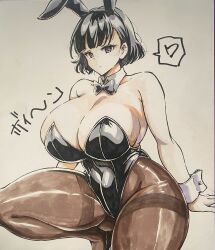 arm_support athletic black_hair black_leotard bunny_ears bunny_girl bunnysuit colored_pencil_(artwork) colored_sketch curvy expressionless gigantic_breasts goumonsha heart medium_hair one_knee_up pantyhose sitting sketch spoken_heart thick_thighs voluptuous wide_hips