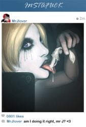 1girls 2014 batman_(series) black_lipstick blonde_hair blue_eyes condom cum cum_eating dc_comics eating_cum facepaint female harley_quinn kaihlan running_mascara runny_makeup selfie smartphone social_media solo text tongue tongue_out used_condom