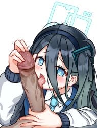1boy absurdres aqua_halo aris_(blue_archive) black_hair black_hairband blue_archive blue_eyes blue_necktie blush bright_pupils collared_shirt commentary_request double-parted_bangs erection fellatio female furrowed_brow hair_between_eyes hairband halo highres jacket licking licking_penis long_hair long_hair_between_eyes long_sleeves looking_at_viewer motion_lines necktie one_side_up open_clothes open_jacket oral penis penis_grab pov pov_crotch rectangular_halo ringed_eyes saliva school_uniform shirt simple_background solo_focus straight tongue tongue_out uncensored upper_body white_background white_jacket white_pupils white_shirt yoowaru