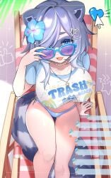 3am adjusting_eyewear animal_ears bikini bikini_bottom_only blue_bikini blue_eyes blue_flower blue_nails breasts commentary cursor female flower grey_hair hair_flower hair_ornament hairpin heart highres jewelry large_breasts looking_over_eyewear looking_over_sunglasses massive_breasts multicolored_hair necklace open_mouth oyu_(oy234u) purple-tinted_eyewear raccoon_ears raccoon_girl raccoon_tail shell shirt sitting smile snuffy solo star_(symbol) star_hair_ornament star_necklace streaked_hair sunglasses swimsuit symbol-only_commentary tail thigh_gap thumbs_up tinted_eyewear virtual_youtuber vtuber white_shirt