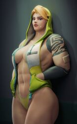 1girls 3d 3d_(artwork) abs against_wall alternate_hair_color arm_tattoo bandaid biceps big_breasts blonde_hair blue_eyes breasts female fugtrup green_hoodie green_panties hands_in_pockets highleg_panties highres hood_up hoodie inner_sideboob large_breasts muscular muscular_female muscular_thighs navel no_bra official_alternate_costume open_hoodie overwatch panties russian_female short_hair shoulder_tattoo sideboob sleeveless sleeveless_hoodie solo tattoo thick_thighs thighs unzipped workout_zarya zarya