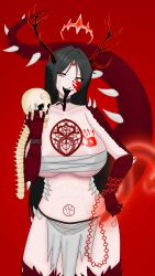 1girls a'zieb bandage black_hair black_tongue blood_on_breasts blood_on_face blood_stain bracelet breasts chains claws collar deer_antlers demonic demonic_beast demonic_eyes eldritch eldritch_being gem_on_forehead goddess holding_skull holding_weapon huge_breasts large_breasts long_hair long_tongue looking_at_viewer mature_female mature_woman meathook monster_girl muscular muscular_female open_mouth pelvic_curtain red_eyes reptilia_queen sadism sadistic sadistic_female sadistic_smile scales scar_on_face scp_foundation sharp_teeth skull skull_head smile solo solo_female spikes spikes_(anatomy) symbol tail tattoo tattoo_on_chest tattoo_on_stomach weapon