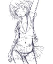 1girls 2010s 2011 arms_up blank_background head_tilt midriff monochrome oerba_yun_fang panties sayonara_zetsubou_sensei school_uniform see-through_clothing sekiutsu_maria_tarou short_hair sketch skirt smile solo source_request underwear waving yuuna_katsumi