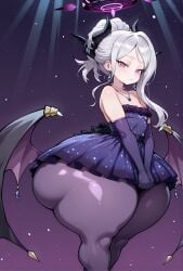 1girls ai_generated blue_archive bottom_heavy bubble_butt demon_horns earrings female flat_chest flat_chested gigantic_ass gorudengarurin hina_(blue_archive) necklace purple_eyes shortstack solo solo_female thick_ass thick_thighs white_hair wings