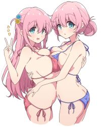 2girls big_breasts bikini bikini_bottom bikini_top blue_bikini blue_eyes bocchi_the_rock! bottomwear breast_to_breast breasts daughter female female_only gotou_hitori gotou_michiyo hair hair_bun hair_ornament hand_on_back hand_on_waist huge_breasts long_hair mature mature_female mature_woman melty_pot milf mother mother_and_daughter peace_sign pink_bikini pink_hair smile swimwear topwear white_background yuri