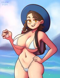 1girls alternate_breast_size bag bare_shoulders big_breasts bikini blush breasts brown_hair casual cleavage creatures_(company) female game_freak hand_on_hip hat headwear human juliana_(pokemon) large_breasts looking_at_viewer micro_bikini navel nintendo ocean open_mouth open_smile outdoors outside pale_skin pokeball pokemon pokemon_sv sea seaside side_braid smile solo solo_female swimwear vexypop yellow_eyes