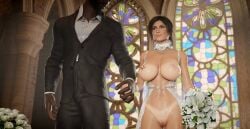 1girls 3d 3d_(artwork) benjibonjo big_breasts boobs bottomless breasts breasts_out bride church clitoris_piercing couple dark-skinned_male exhibitionism female flower flowers hairless_pussy interracial lara_croft lara_croft_(survivor) light-skinned_female male married_couple nipple_piercing nipples no_panties partially_clothed pierced_nipples piercing pussy tanline tits tomb_raider tomb_raider_(survivor) vagina wedding wedding_dress wedding_veil white_clothing