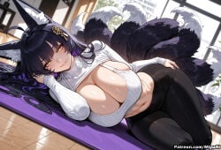 1girl ahoge ai_assisted ai_generated animal_ear_fluff animal_ears artist_name atago_(azur_lane) azur_lane bangs black_hair black_legwear black_pants blush breasts cleavage closed_mouth curvaceous curvy curvy_female curvy_figure eyebrows_visible_through_hair female fox_ears fox_tail hair_ornament huge_breasts indoors long_hair long_sleeves looking_at_viewer lying midriff miyuai multiple_tails musashi_(azur_lane) nail_polish navel on_side pants parted_lips pink_nails ribbed_sweater smile solo stomach sweat sweater tail thick thick_ass thick_butt thick_hips thick_legs thick_thighs turtleneck turtleneck_sweater voluptuous voluptuous_female wide_hips wide_thighs yellow_eyes
