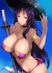 1girls almost_naked almost_nude armband bare_armpits bare_arms bare_belly bare_chest bare_hands bare_hips bare_legs bare_midriff bare_navel bare_shoulders bare_skin bare_thighs big_breasts bikini bikini_bottom bikini_only bikini_top blade blue-eyed_female blue_background blue_eyes blue_sky breasts busty busty_female busty_girl clouds curvaceous curvaceous_body curvaceous_female curvaceous_figure curvaceous_hips curvy curvy_body curvy_female curvy_figure curvy_hips day daylight daytime exposed_armpits exposed_arms exposed_belly exposed_chest exposed_hips exposed_legs exposed_midriff exposed_navel exposed_shoulders exposed_skin exposed_thighs fate/grand_order fate_(series) female female_only hat head_tilt huge_boobs huge_breasts katana large_boobs large_breasts lean_figure minamoto_no_raikou_(fate) minamoto_no_raikou_(fate/grand_order) mostly_nude naked naked_female naked_woman narrow_waist nearly_nude nipple_bulge nude nude_female nudity parted_lips plump_breasts practically_nude purple-haired_female purple_bikini purple_bikini_bottom purple_bikini_top purple_eyebrows purple_hair purple_swimsuit purple_swimwear saisarisu shiny_breasts shiny_hair shiny_legs shiny_shoulders shiny_skin shiny_thighs sky slender_body slender_waist slim_waist smile smiley_face smiling smiling_at_viewer string_bikini swimsuit swimwear sword tilted_head weapon