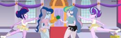 back_view ballerina clothing conikiblasu conikiblasu-fan eating equestria_girls friendship_is_magic multiple_females my_little_pony panties princess_celestia_(mlp) princess_luna_(mlp) smooth_skin starlight_glimmer twilight_sparkle_(mlp) upskirt