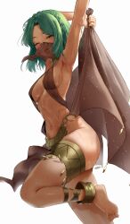 ahe_gao black_survival cleavage dancer_outfit dancing dark-skinned_female eternal_return:_black_survival exotic faber face_veil flower_in_hair green_eyes green_hair harem_girl harem_outfit indian indian_female loincloth one_leg_up pelvic_curtain priya_(black_survival) short_hair sideboob skinny tongue_out