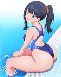 1girls ai_generated ass back bangs big_ass black_hair blue_eyes competition_swimsuit female female_only hair_ornament highleg_swimsuit long_hair looking_at_viewer looking_back one-piece_swimsuit open_mouth ponytail pool poolside scrunchie sitting soaking_feet solo ssss.gridman swimsuit tagme takarada_rikka water