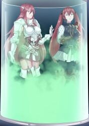 alarmed boots chloroform confused cordelia_(fire_emblem) fire_emblem fire_emblem_heroes garter_straps glass_container hadant hand_on_glass in_container kidnapped long_hair looking_down mother_and_daughter nintendo red_eyes red_hair severa_(fire_emblem) sleeping_gas thighs tights trapped twintails