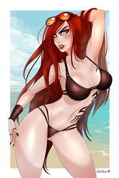 bikini female glasses katarina_du_couteau league_of_legends red_hair solo tattoo velvetqueenh