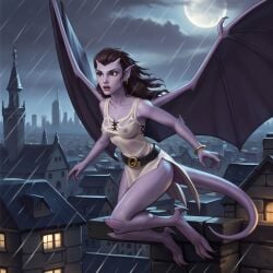 ai_generated angela_(gargoyles) areolae armpit belt black_eyes black_hair breasts building city city_background cityscape claws clothed clothed_female cloud cloudy_sky disney earrings fantasy female female_focus female_only flying full_moon gargoyle gargoyles monster_girl moon moonlight night nipples pointy_ears purple_body purple_skin rain raining red_lips red_lipstick see-through see-through_clothes see-through_clothing see-through_shirt see-through_top solo solo_female tail thighs transparent_clothing urban uzzlegorf water wet wet_body wet_clothes wet_clothing wet_hair wet_shirt wet_skin wings