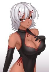 1girls 2021 big_breasts birthmark black_dress black_gloves cleavage cleavage_cutout cslucaris dark-skinned_female dress female female_focus female_only hi_res human human_focus human_only looking_at_viewer lucille_(cslucaris) original red_eyes short_hair smile solo solo_female solo_focus variant_set white_hair