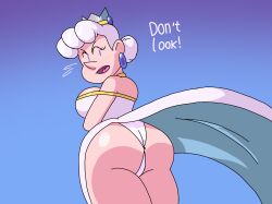 2025 accidental_exposure anus_peek anus_visible anus_visible_without_spreading ass ass_focus blue_eyes blush_lines breasts crown earings humanization humanized intelligent_systems kersti looking_at_viewer looking_back mario_(series) nintendo pantie_shot panties pantyshot paper_mario paper_mario:_sticker_star simple_background skirt skirt_lift skirt_up speech super_mario_bros. underwear white_hair