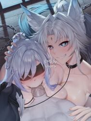 1boy 2025 2girls absurd_res absurdres animal_collar bangs belt_collar black_collar blindfold blush breasts collar collarbone defeated eyebrows_visible_through_hair feixiao_(honkai:_star_rail) fellatio female gag grin heart heart-shaped_pupils holding_leash honkai:_star_rail honkai_(series) hoolay_(honkai:_star_rail) hoyoverse jingliu_(honkai:_star_rail) kawanmushi large_breasts leash leash_pull long_hair looking_at_viewer male metal_collar mihoyo multiple_girls nude oral parted_bangs penis ponytail pov prison shackles silver_hair slave smile straight symbol-shaped_pupils uncensored