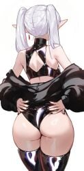 1girls absurdres ass ass_focus black_jacket black_nails black_panties black_shirt black_thighhighs breasts crop_top earrings elf facing_away female female_only foolish_potato frieren from_behind grey_hair hands_on_own_hips hashtag-only_commentary highres jacket jewelry legs_together long_pointy_ears long_sleeves medium_breasts nail_polish off_shoulder panties pointy_ears puffy_long_sleeves puffy_sleeves shiny_clothes shirt simple_background solo sousou_no_frieren standing teardrop_earrings thighhighs twintails underwear very_long_fingernails white_background