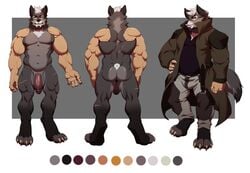 2017 abs anthro artificial_limbs ass balls belly big_balls big_penis black_nose body_hair bulge canine character_(alloy) chest_hair chest_tuft claws clothed clothing coat cybernetics cyborg digitigrade facial_hair flaccid fur grey_fur hair humanoid_penis machine male mammal manly model_sheet multicolored_fur musclegut muscular muscular_back muscular_male nipples nude orange_eyes pants pecs penis scar solo standing tatsumichi tuft vein veiny_penis white_claws white_hair wolf