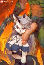 1boy 1girls ai_generated annoyed annoyed_expression anthro anthro_on_human canid canine canis clothed doom doom_slayer_(doom) female fire fur furry furry_with_non-furry genitals gun hellhound helluva_boss kneeling large_penis loona_(helluva_boss) lucakp massive_penis patreon patreon_link patreon_logo patreon_reward patreon_url patreon_username penis penis_against_cheek penis_against_face pout pouting shotgun silver_hair standing tagme two-tone_fur weapon white_fur wolf wolf_girl