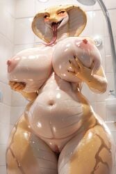 ai_generated anthro anthro_only breasts chubby chubby_female cobra female female_only furry furry_only furrypornaddiction grabbing_own_breast huge_breasts long_tongue looking_at_viewer nipples pussy reptile scalie scalie_only shower snake thick_thighs tongue tongue_out viper_(x-com) wide_hips yellow_scales