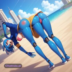 1990s 1girl ai_assisted ai_generated animatronic back_view beach big_breasts blue_bodysuit blue_skin bodysuit bouncing_breasts building camel_toe cropped_jacket curvy dutch_angle dynamic_angle erect_nipples fingerless_gloves full_body gloves grabbing_butt green_eyes happy hip_focus jacket looking_at_viewer looking_back looking_behind motion_lines nights open_mouth shiny_skin smile spanking_butt standing toned_body underbutt