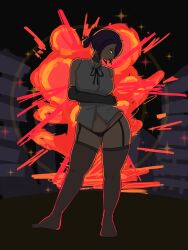 black_panties chainsaw_man dark_hair explosion glowing_eyes green_eyes lingerie looking_down masterpiece necklace panties reze_(chainsaw_man) shirt sin5 stockings tie tied_hair