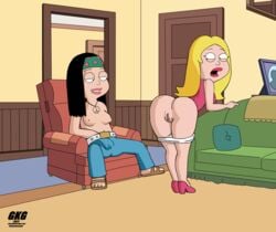 accurate_art_style american_dad anus bent_over black_hair blonde_hair breasts chair clothes dress female female_only francine_smith gkg half_naked hand_in_pants hayley_smith heels living_room masturbation mother_and_daughter nipples no_asshole open_mouth pussy sex smile spread_legs standing underwear_down watching