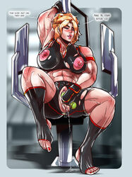 1girls barefoot bike_shorts blonde_hair blush breasts crotch_cutout dialogue dildo feet female gloves gym highres ken_masters large_areolae large_breasts lips masturbation muscle muscular_female nail_polish nipple_cutout nipples parted_lips ponytail pussy_juice rule_63 shorts sitting sports_bra street_fighter street_fighter_v sweat thighs torn_clothes workout