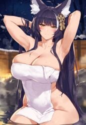 1girls ai_generated armpits arms_up azur_lane big_breasts breasts female female_focus female_only fox_ears huge_breasts large_breasts long_hair mature_female musashi_(azur_lane) onsen purple_hair smiling towel yellow_eyes