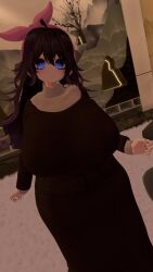 bass_vr black_clothing blue_eyes cute dress hand_on_breasts happy headband hex_maniac pokemon pokemon_bw vrchat