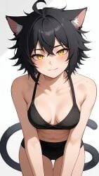 ai_generated bankonit biting_lip black_hair bra cat_ears cat_tail catgirl cleavage freckles freckles_on_breasts freckles_on_face leaning_forward looking_at_viewer medium_breasts messy_hair midriff navel panties parted_lips short_hair smile stable_diffusion underwear yellow_eyes