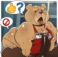 anthro apron bear bodily_fluids clothing cum cumshot dark_body dark_skin duo ejaculation fellatio foreplay genital_fluids genitals hi_res human human_on_anthro interspecies male male/male mammal moobs name_tag oral overweight overweight_anthro overweight_male penile penis plushie saliva sex short_stack speech_bubble stitch_(sewing) sweat ted_(movie) ted_(ted) trashtoonz