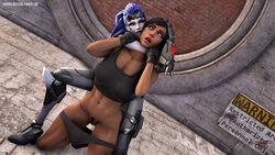 16:9 3d abs alternate_costume asphyxiation black_eyes black_hair dark-skinned_female dark_skin face_licking female groping high_resolution licking muscle muscular_female overwatch panties_down pharah pharah-best-girl pubic_hair pussy saliva saliva_trail source_filmmaker strangling talon_widowmaker widowmaker