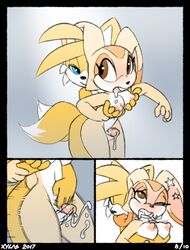 anthro balls breasts comic cream_the_rabbit cum cumshot duo female fur furry furry_only male male/female nipple penis pussy sonic_(series) tail tails thigh_sex xylas