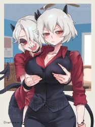 2demons 2girls cleavage demon demon_girl demon_girls demon_horns demon_tail demons fondling_breast fully_clothed helltaker large_breasts malina_(helltaker) noah_(tettsui-sole) noaharbre red_eyes tagme white_hair zdrada_(helltaker)