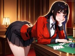 1girls ace_(playing_card) ai_generated anilvl bangs bent_over black_hair black_skirt blazer blunt_bangs blush breasts candle card collared_shirt hime_cut indoors jabami_yumeko jacket kakegurui lamp large_breasts leaning_forward long_hair long_sleeves looking_at_viewer miniskirt nail_polish parted_lips playing_card pleated_skirt poker_chip red_eyes red_jacket red_nails red_suit ribbon school_uniform shirt skirt smile solo table thighs very_long_hair white_shirt