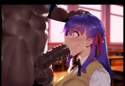 1boy 1girls ai_generated blush dark-skinned_male dark_skin fate/stay_night fate_(series) female light-skinned_female light_skin male matou_sakura open_eyes purple_hair