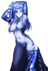 barbariank barely_clothed barely_contained_breasts blue_eyes blue_hair blue_skin breasts crown ice_queen_(monster_girl_encyclopedia) large_breasts monster_girl_encyclopedia revealing_outfit seductive_pose see-through_clothing stockings thick_thighs